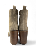 Back view of sand suede block heel ankle boots for women