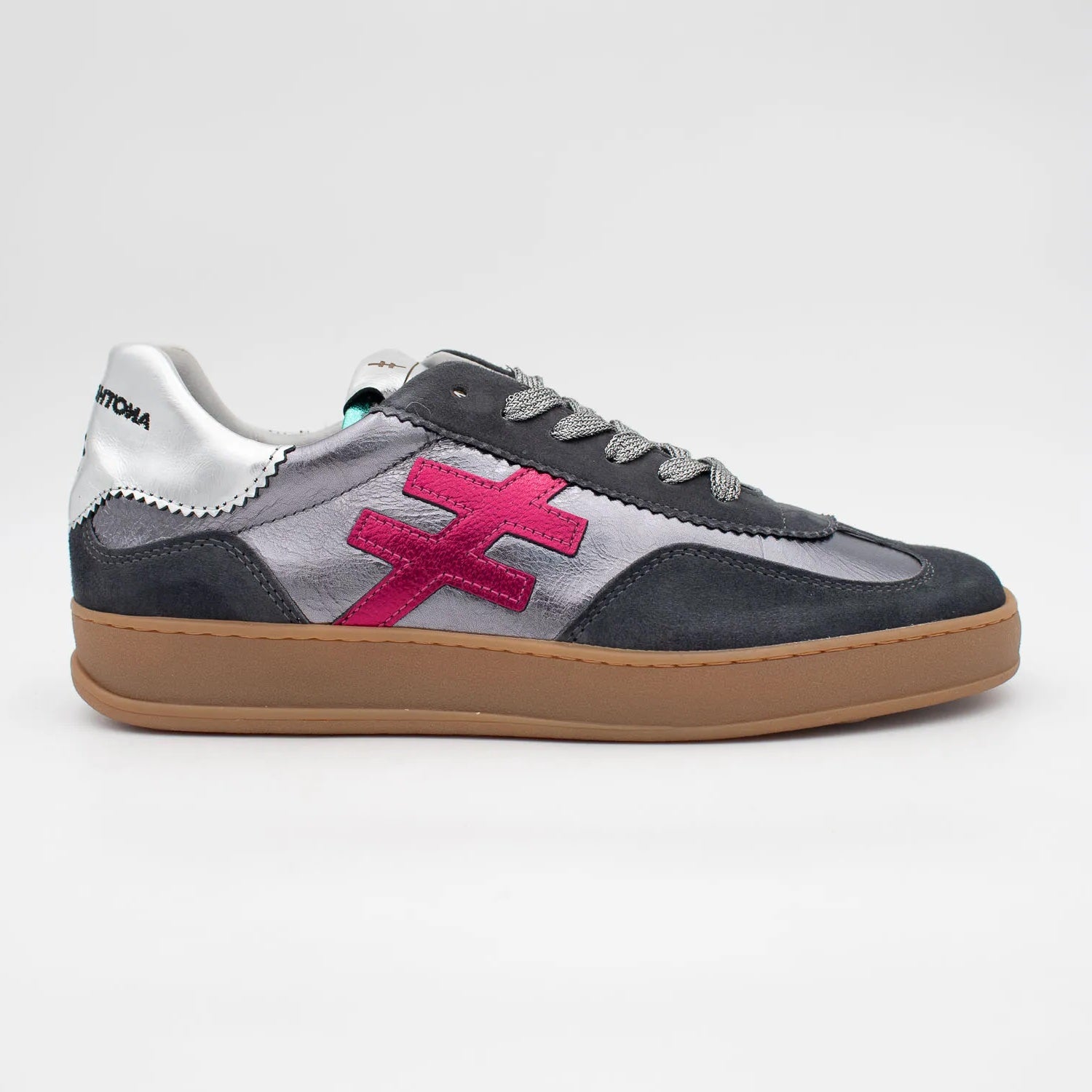 Another Trend grey trainers with pink logo and silver heel