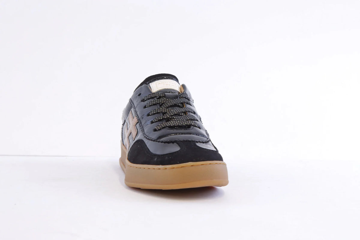 Another Trend black retro trainers with bronze side logo front view