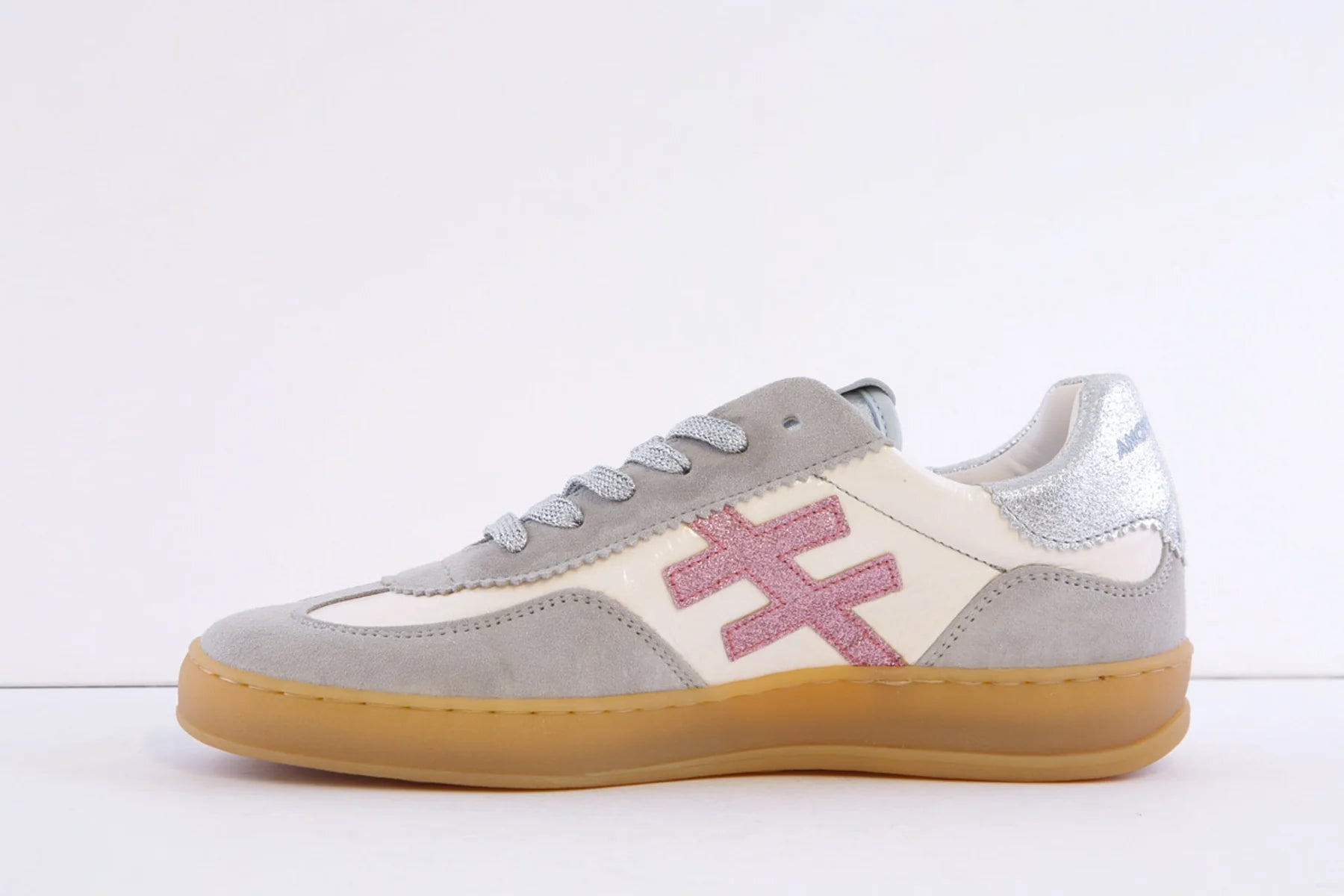 Another Trend grey and cream leather trainers with pink glitter logo side view