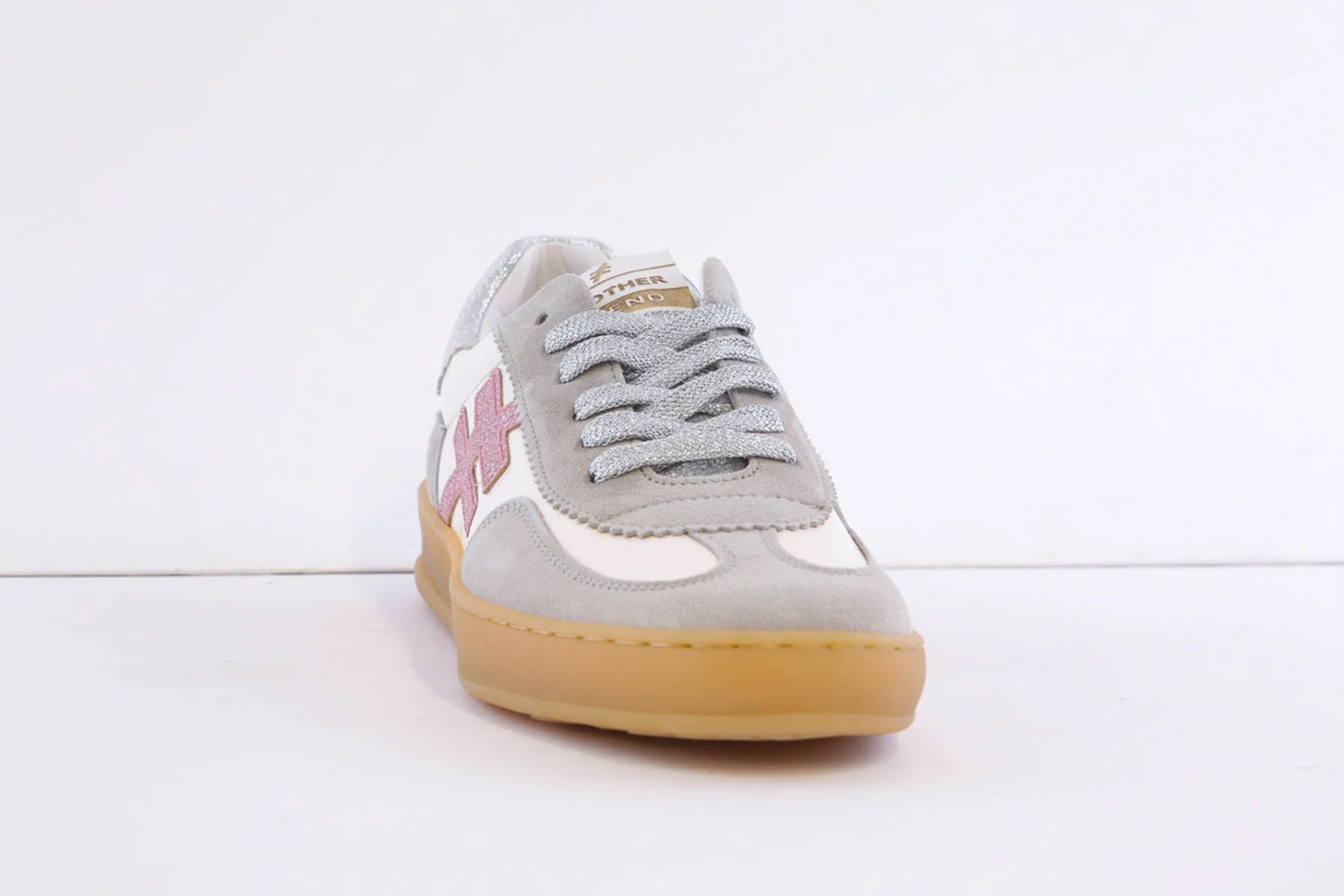 Another Trend grey pink trainers front view silver glitter laces gum sole