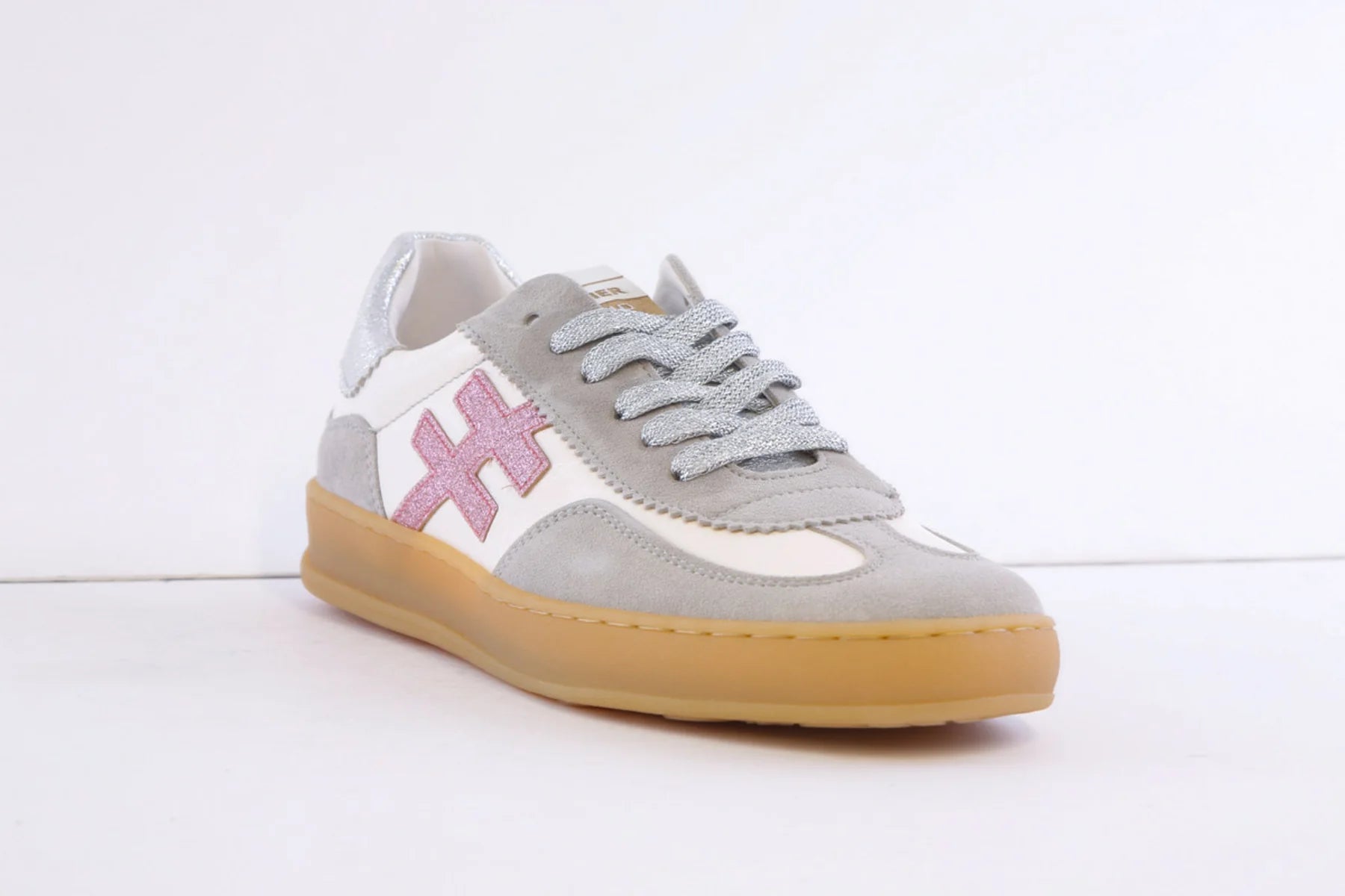 Another Trend grey pink glitter trainers angled front side view