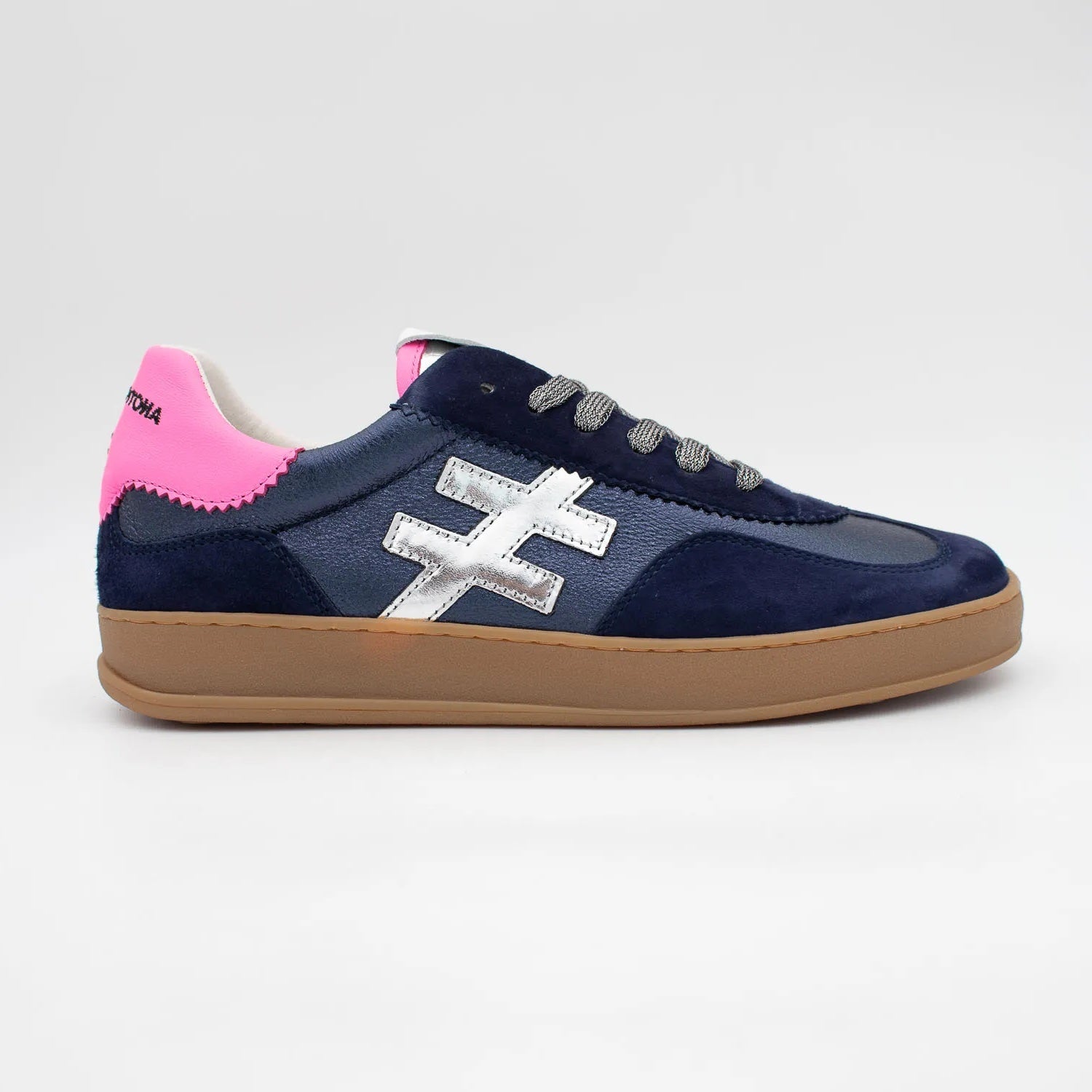 Ocean navy leather trainers with silver detail and pink heel by Another Trend