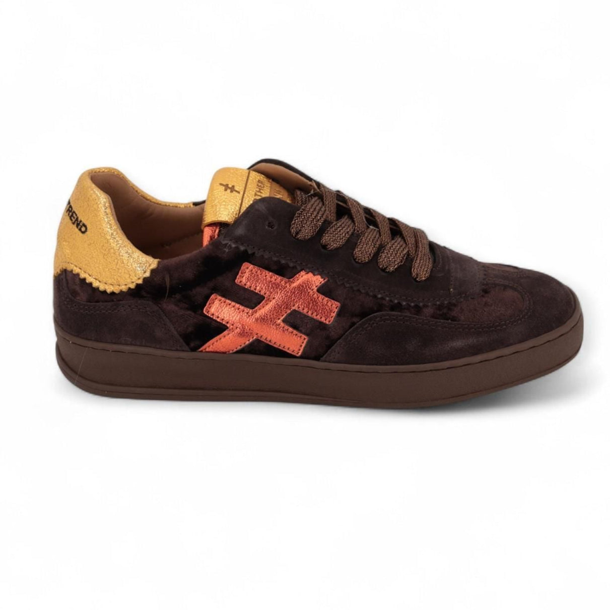 Another Trend brown and gold women’s trainers with metallic gold trim