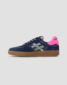  Another Trend navy leather retro trainers with white logo and pink heel