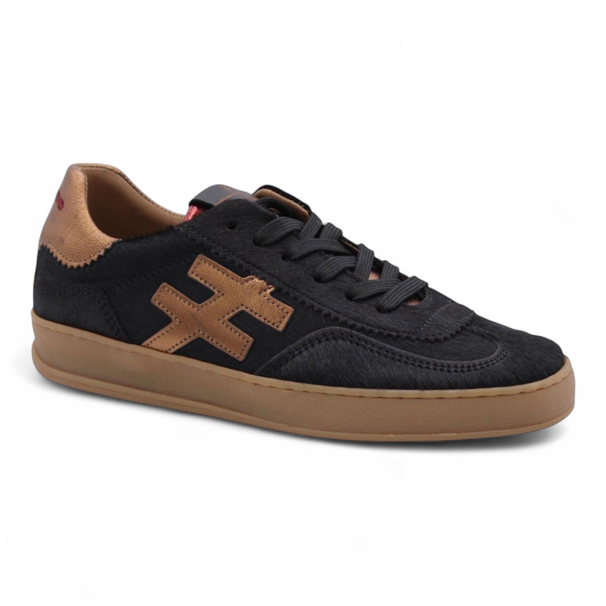 Right-side close-up of black and bronze Another Trend Iconic Trainers showing textured leather and stitched logo