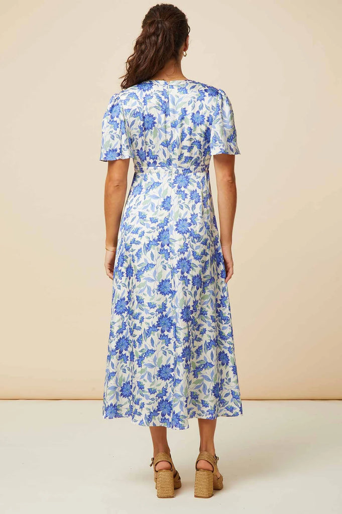 Aspiga Anais Blue/White Floral Print Satin Midi Dress From The Back