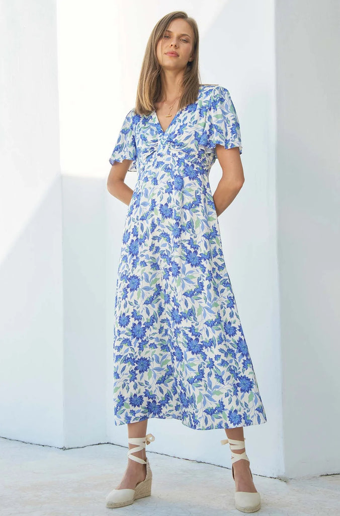 Aspiga Anais Blue/White Floral Print Satin Midi Dress With Short Sleeves