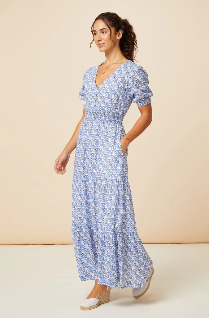 Aspiga Billie Blue/White Geo Print Tiered V Neck Maxi Dress