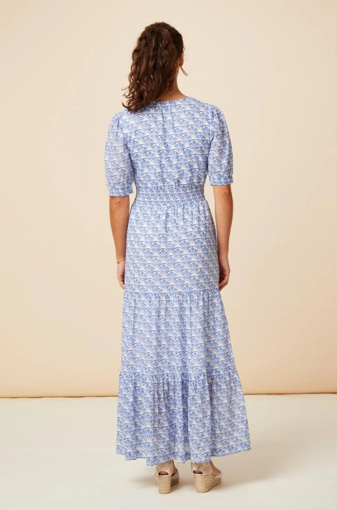 Aspiga Billie Blue/White Geo Print Tiered Maxi Dress From The Back