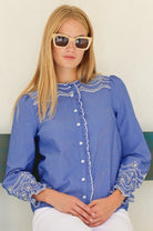 Aspiga blue chambray embroidered shirt front view
