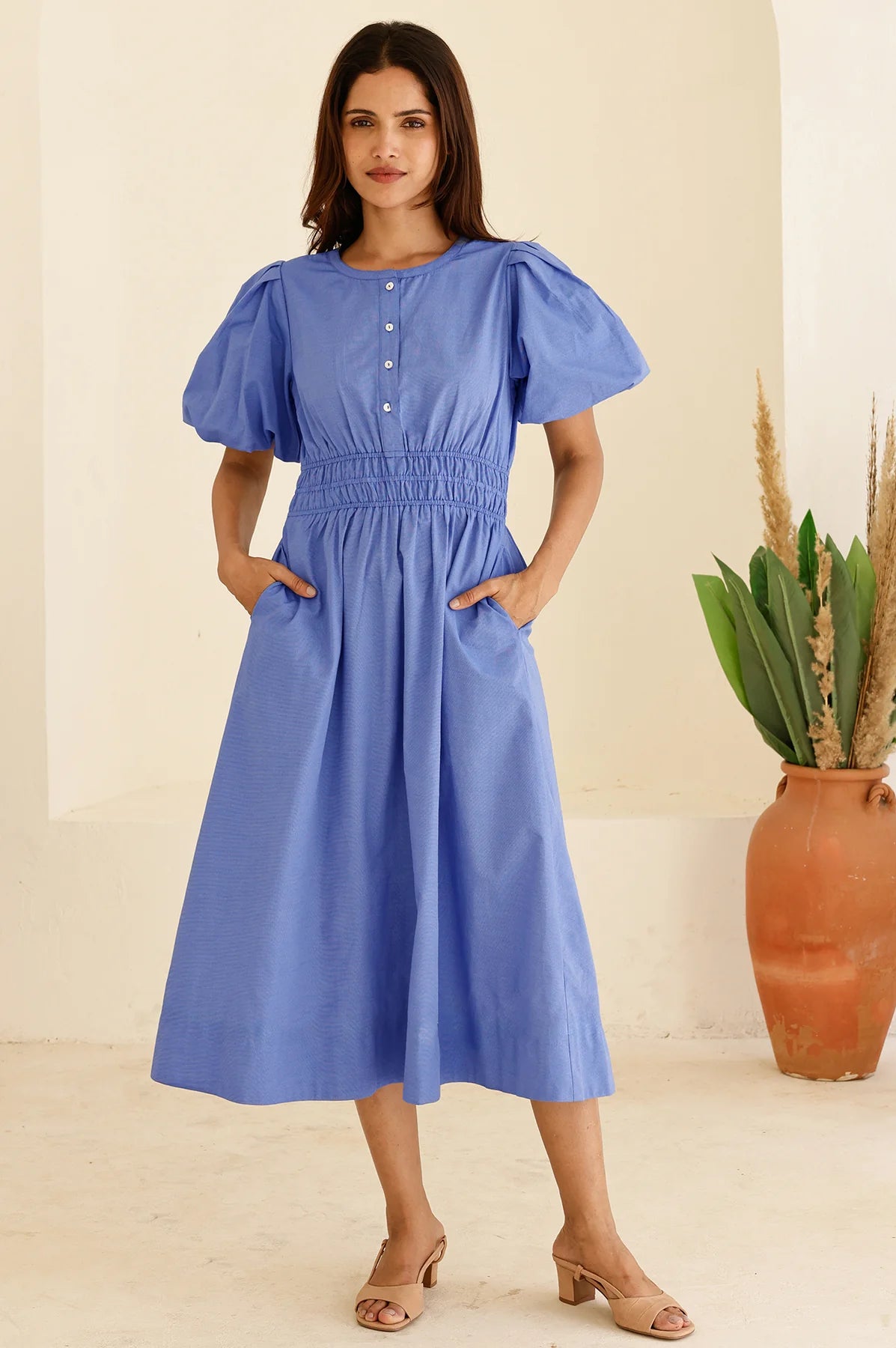 Aspiga blue chambray puff sleeve summer midi dress front view
