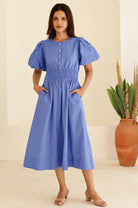 Aspiga blue chambray puff sleeve summer midi dress front view
