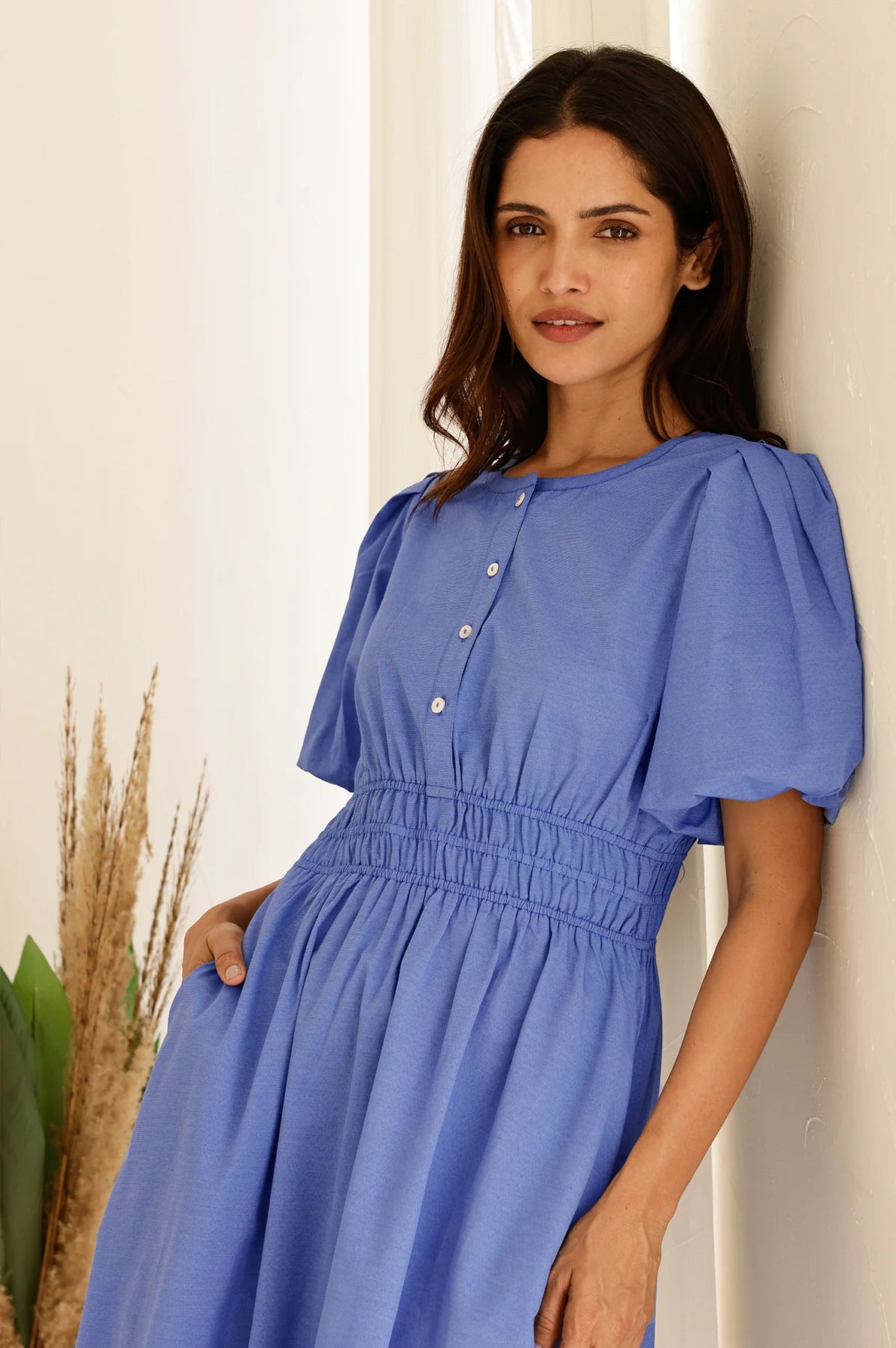 Aspiga chambray midi dress front full length