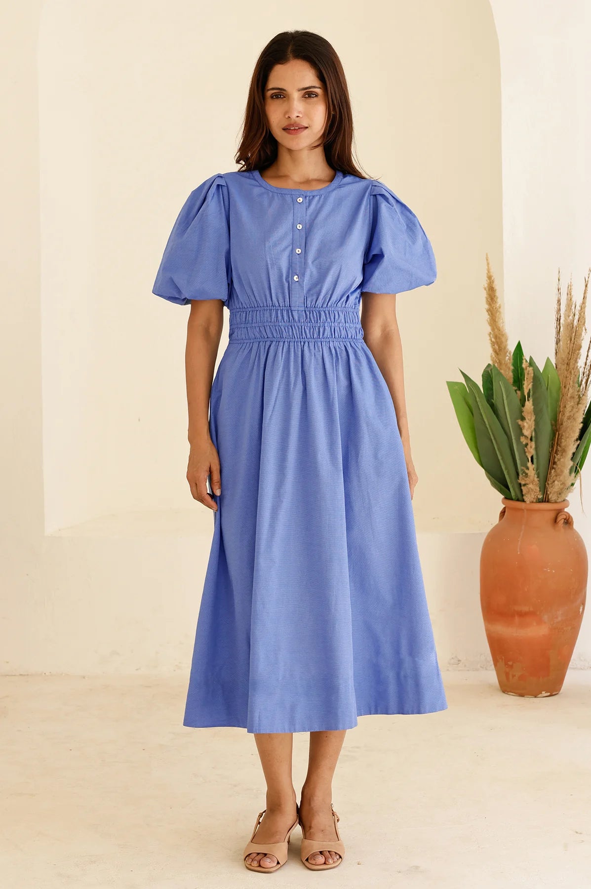 Aspiga blue chambray long dress shirred waist detail