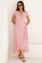 Aspiga Demi coral circle print wrap midi dress front view