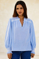 Aspiga dobby stripe blouse blue long sleeve front view