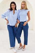 Aspiga blue stripe blouse long sleeve smocked cuff detail