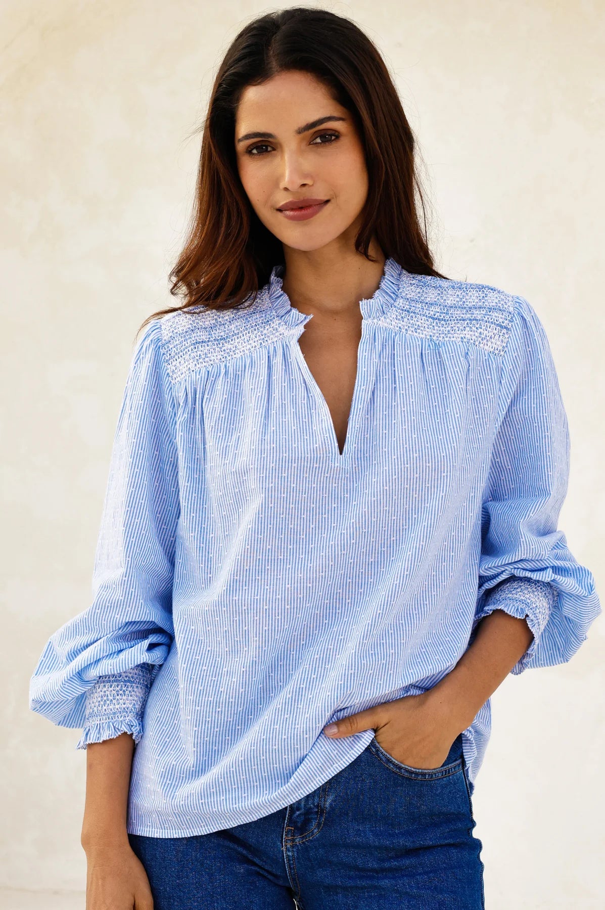Aspiga blue stripe cotton blouse smocked shoulder detail