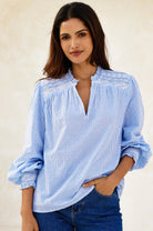 Aspiga blue stripe cotton blouse smocked shoulder detail
