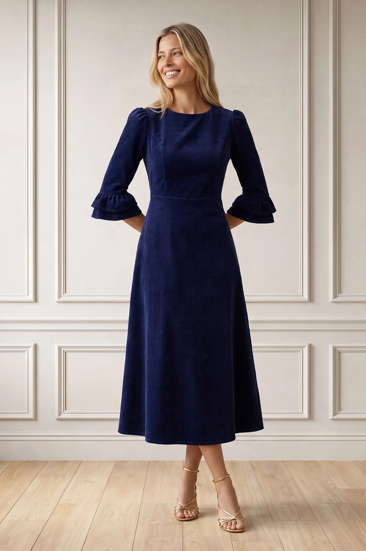 Aspiga Elizabeth stretch corduroy midi dress – front model view