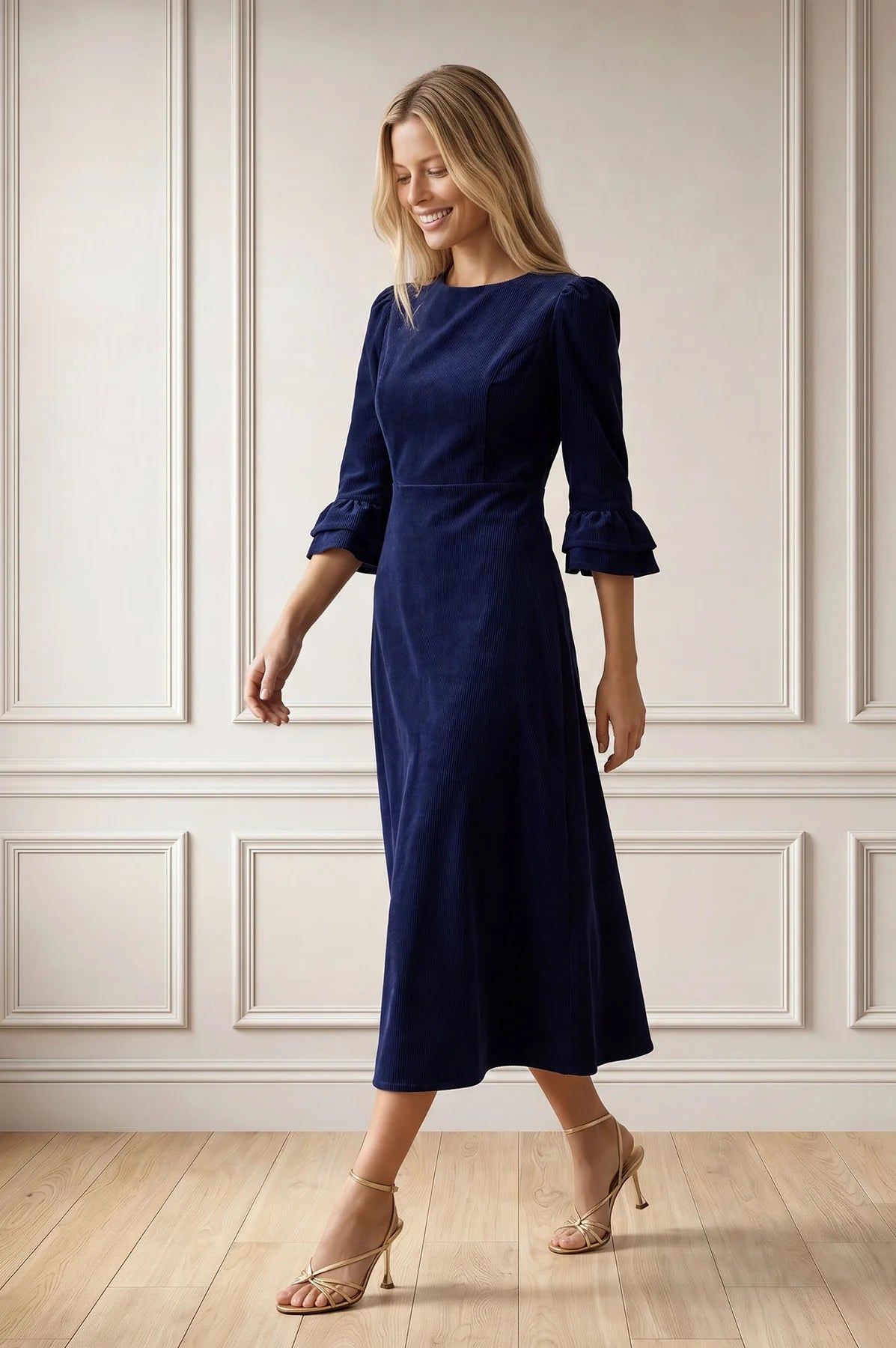 Aspiga Elizabeth Atlantic Blue midi dress – angled model view