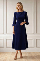 Aspiga Elizabeth Atlantic Blue corduroy midi dress – full front model view