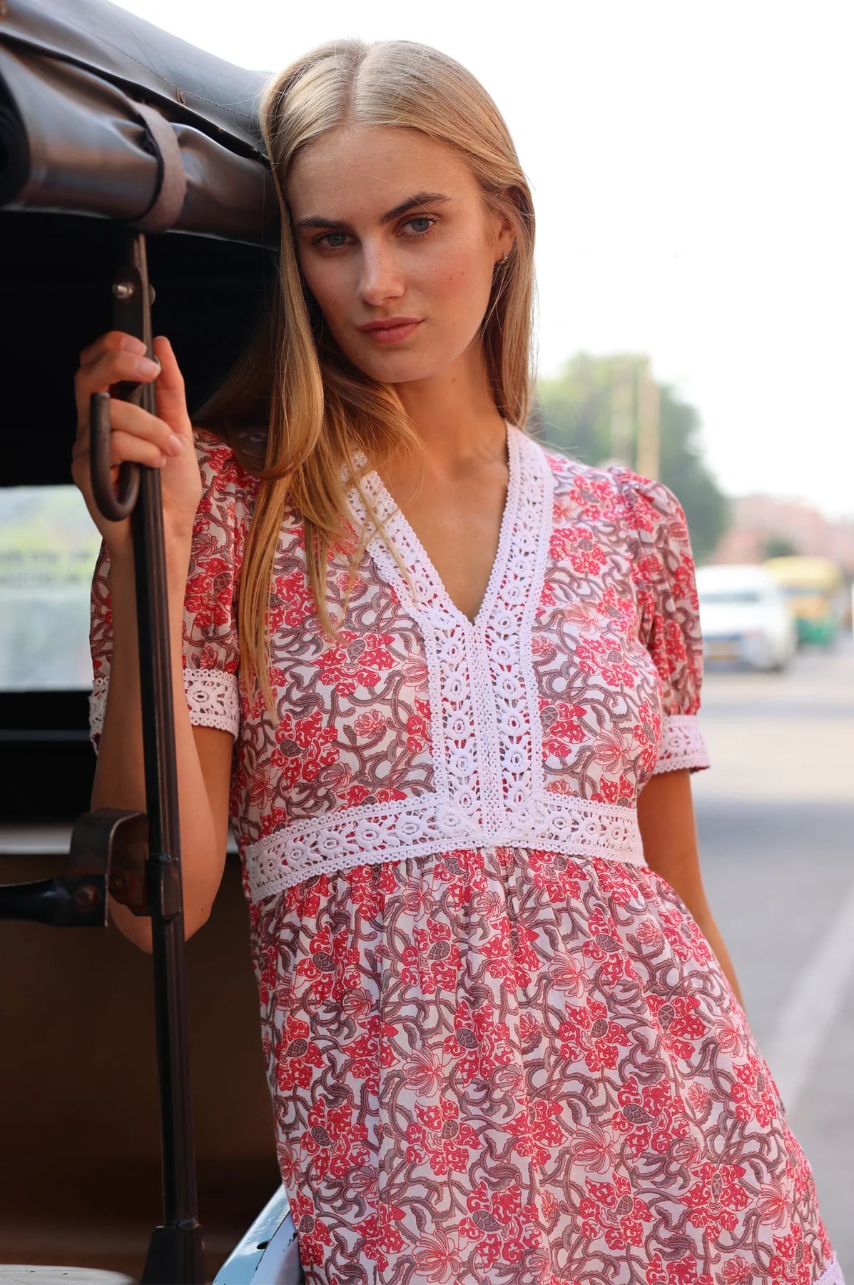     Aspiga floral midi dress with short puff sleeves front view