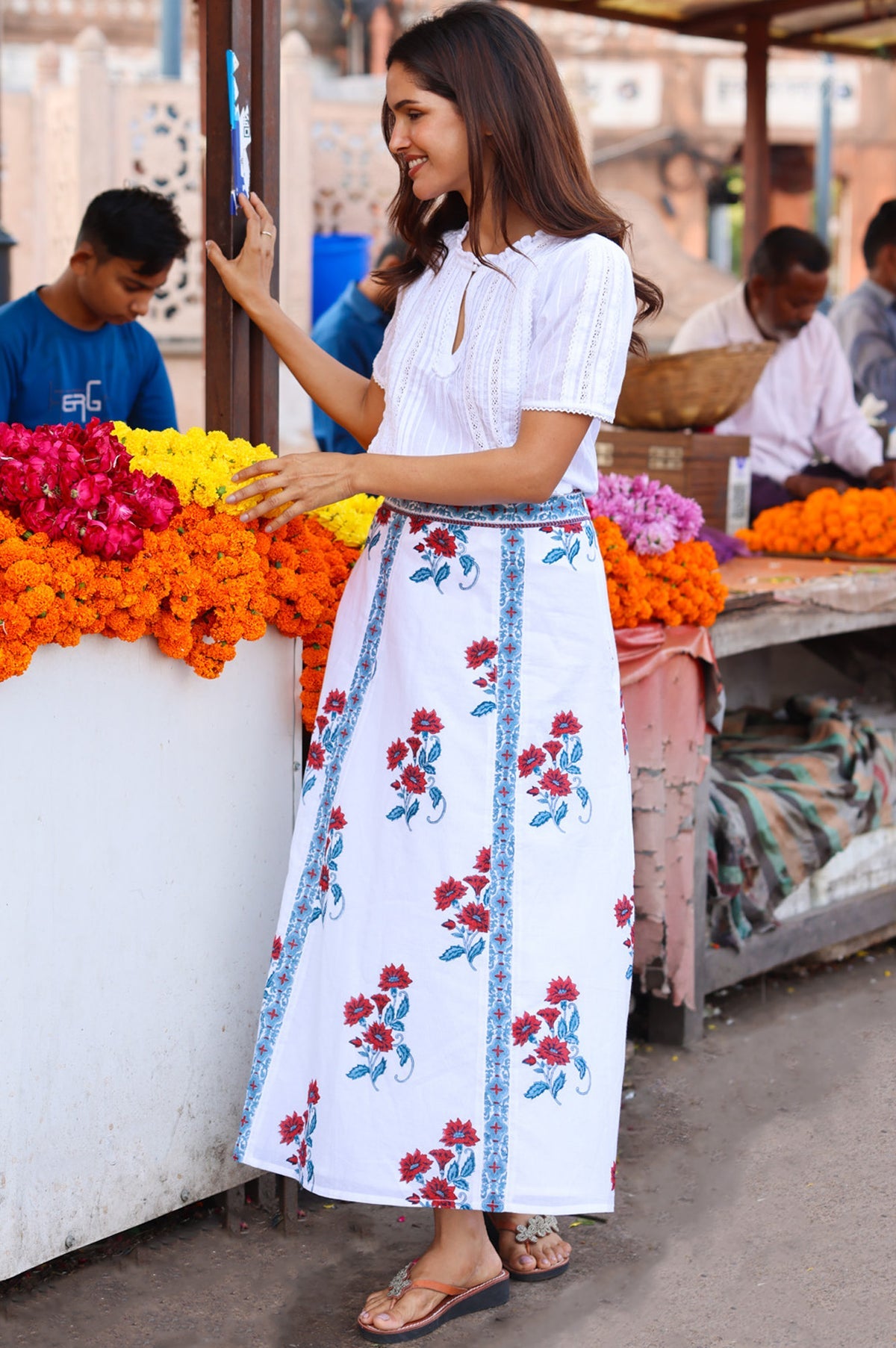    Florrie Jaipur hand block print cotton skirt styled full length
