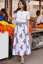     Florrie organic cotton block print floral midi skirt front view
