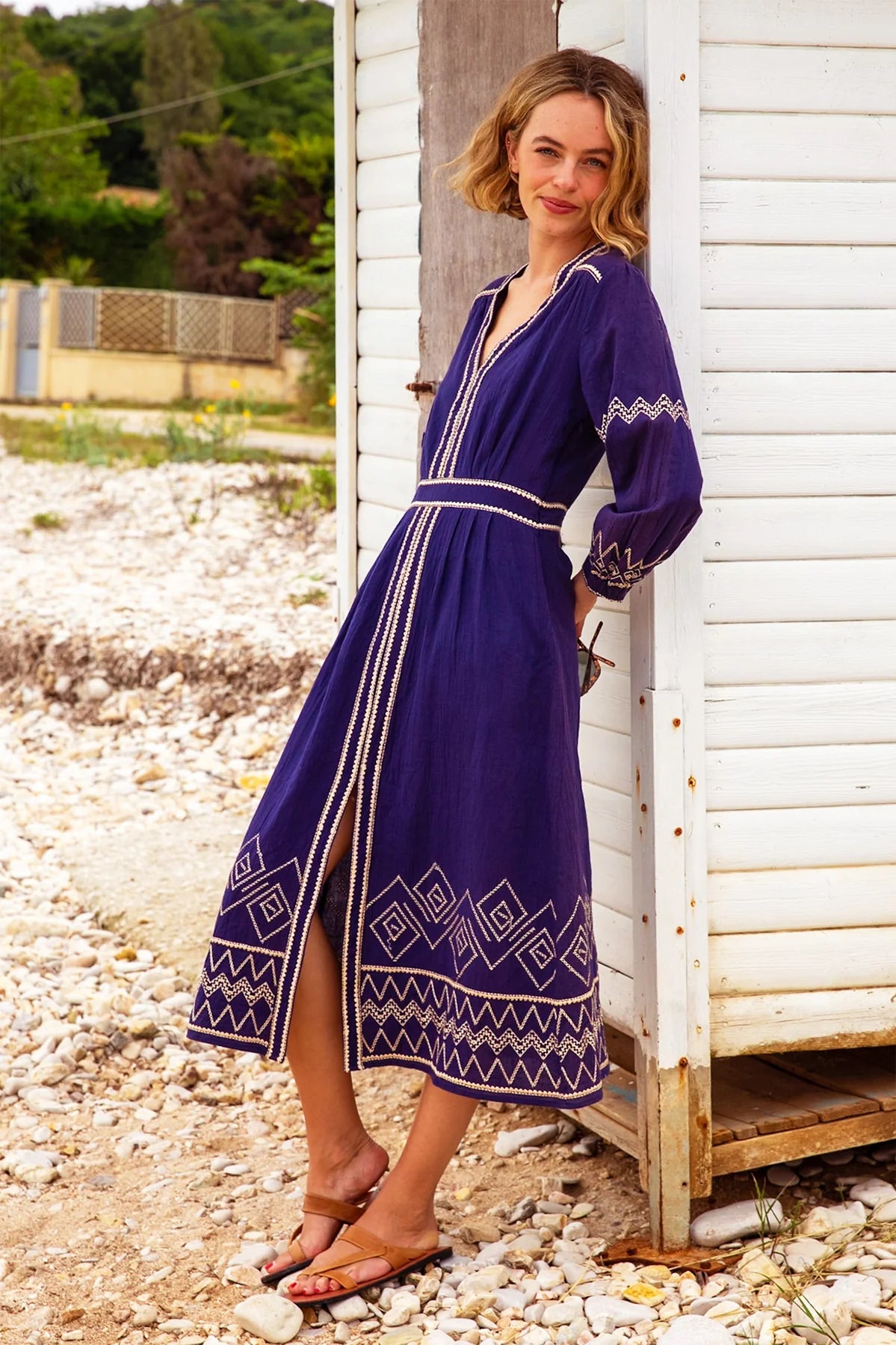 Aspiga Jamila navy embroidered organic cotton midi dress front view