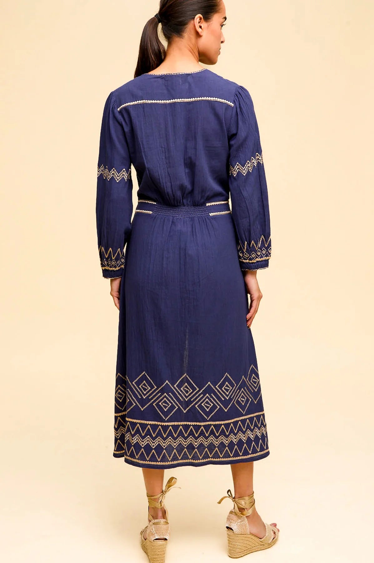 Aspiga Jamila navy embroidered organic cotton midi dress back view