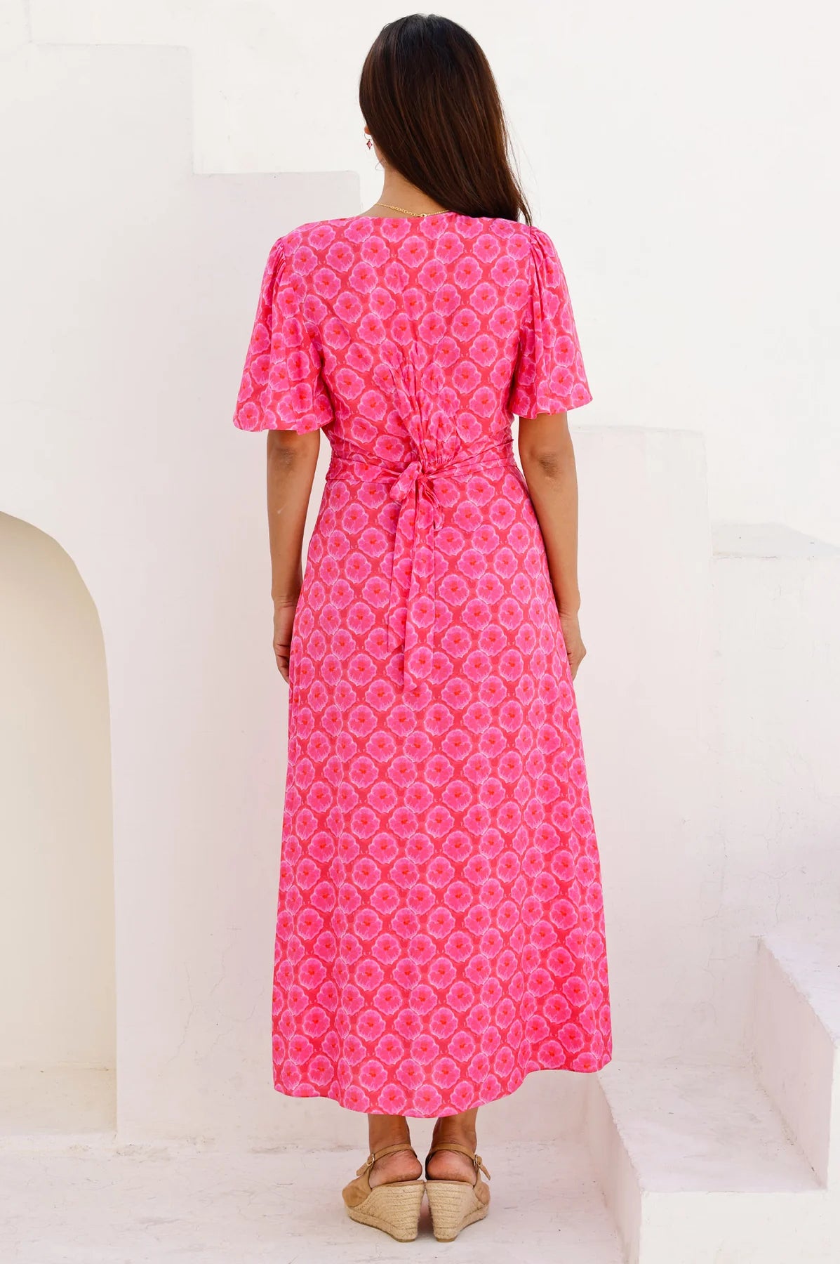 Aspiga pink butterfly sleeve midi dress belted dress view