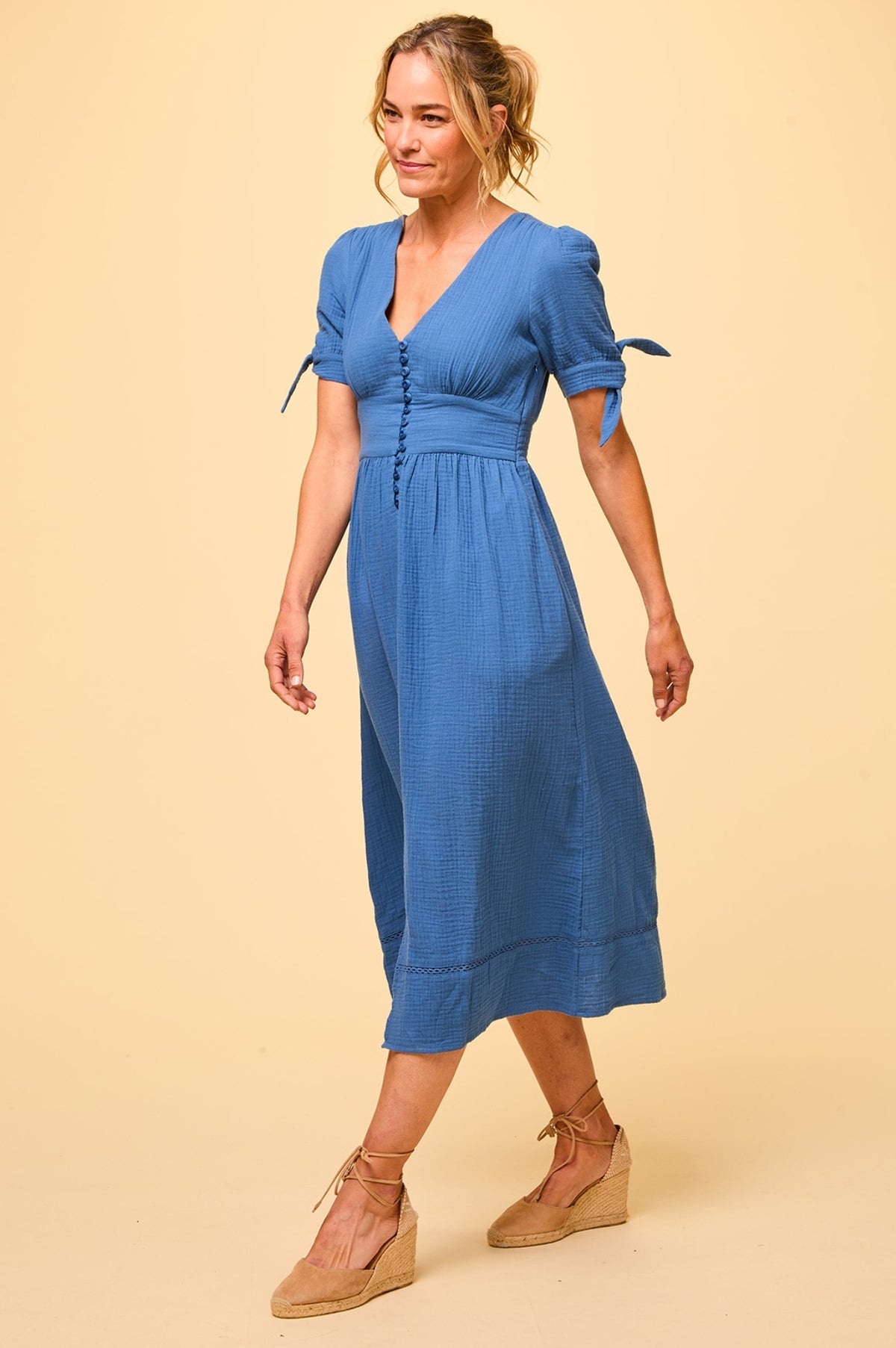 Aspiga Olga Blue Cotton Short Sleeve Midi Dress With Button Detail