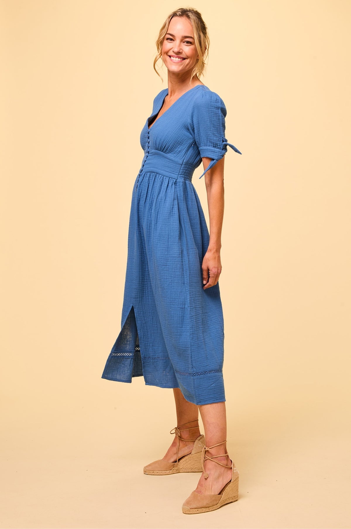 Aspiga Olga Cotton Blue Cheesecloth Midi Dress With Button Detail