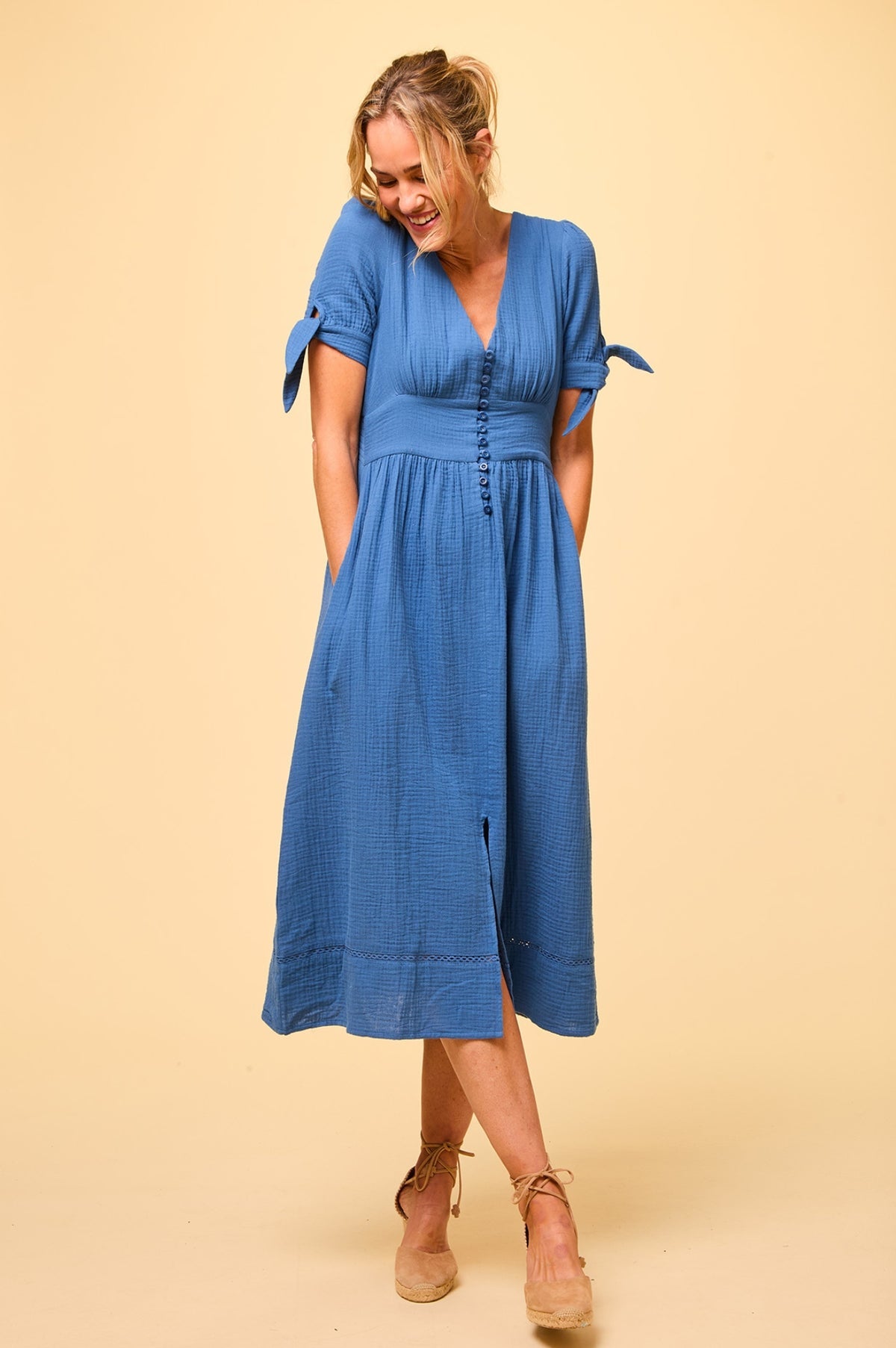 Aspiga Olga  Blue Cotton Cheesecloth Day Dress With Button Detail