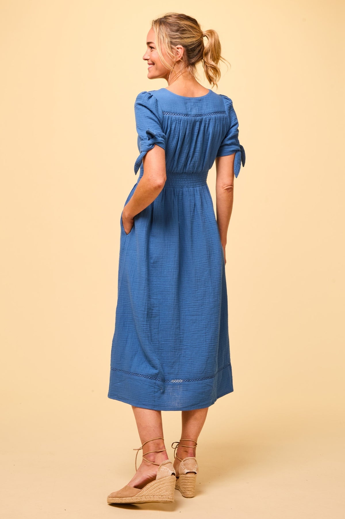 Aspiga Olga Cotton Cheesecloth V Neck Midi Dress From The Back 