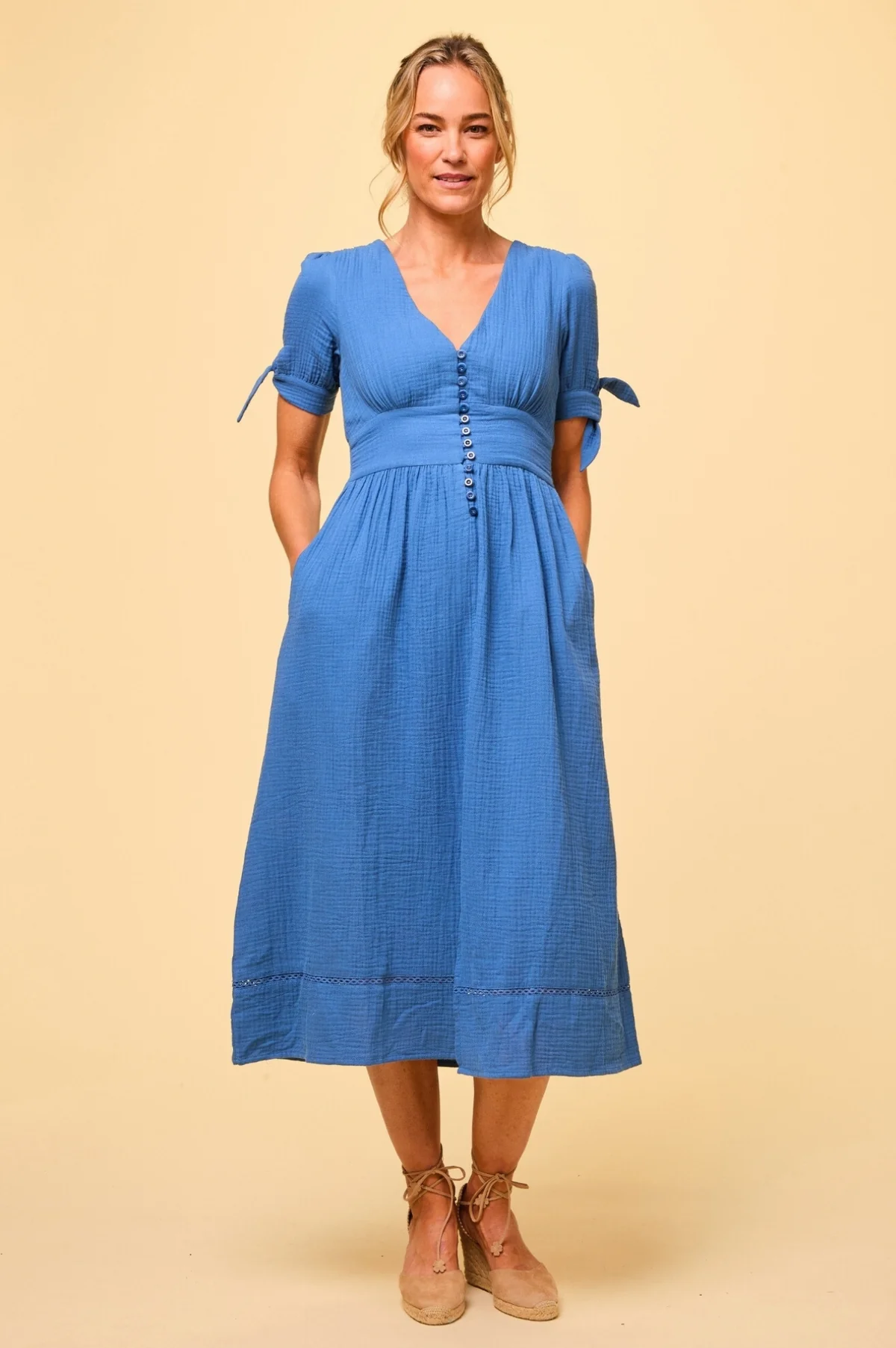 Aspiga Olga Blue V Neck Cheesecloth Midi Dress With Button Detail