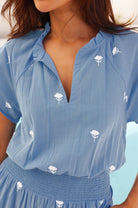 Aspiga Riley blue organic cotton midi dress embroidered v neck detail