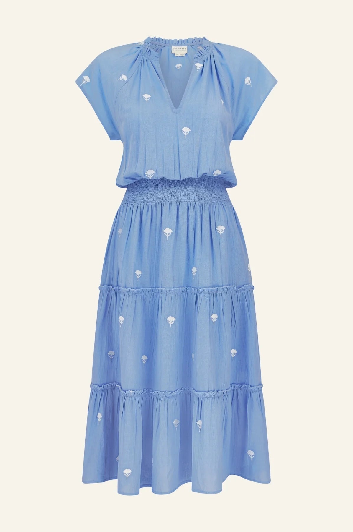 Aspiga Riley blue embroidered midi dress tiered skirt detail