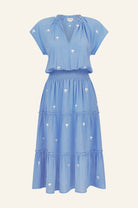 Aspiga Riley blue embroidered midi dress tiered skirt detail