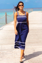     Aspiga Rita navy ric rac organic cotton midi dress front view