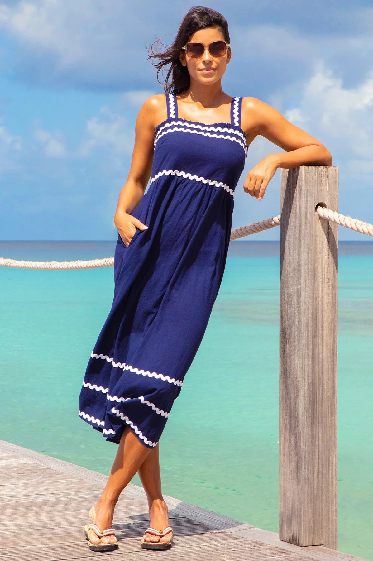     Aspiga Rita navy and white sundress ric rac bodice detail