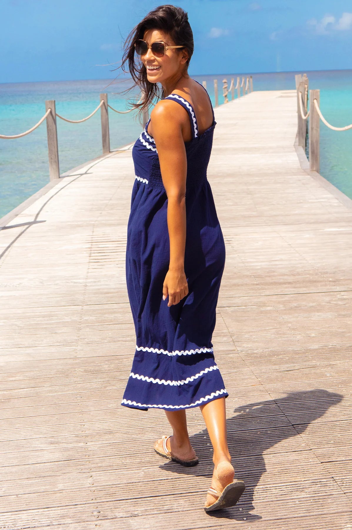     Aspiga navy ric rac midi dress side view summer styling