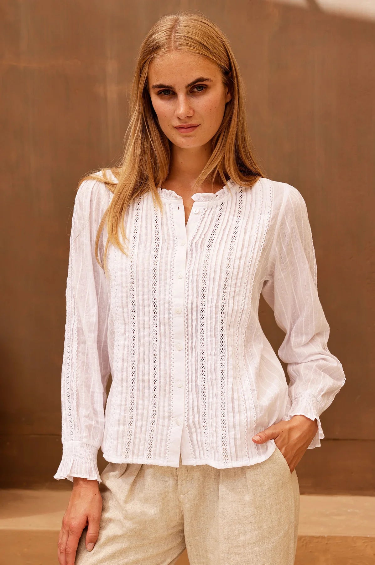 Aspiga Vienna white embroidered lace cotton blouse front view