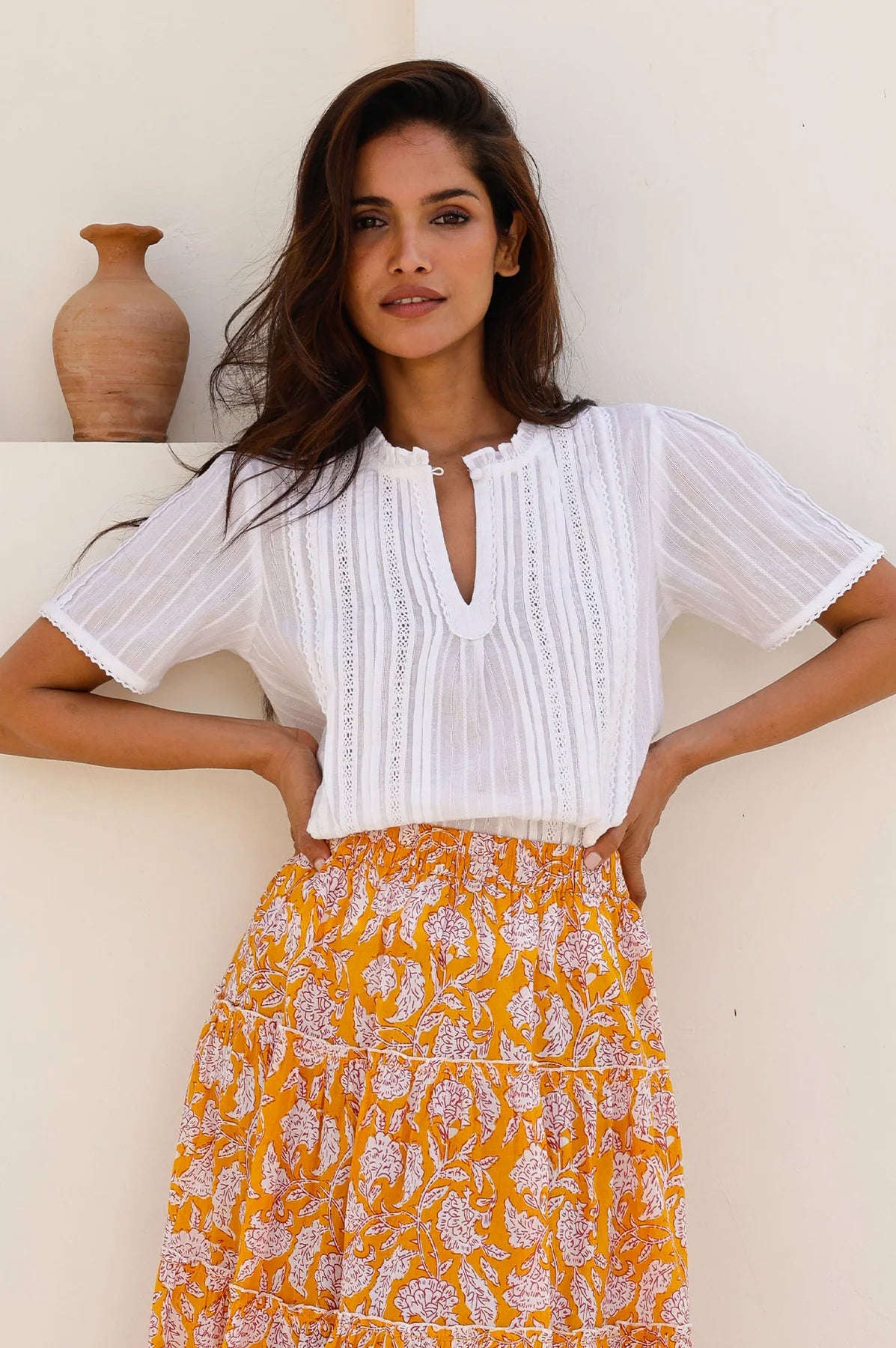 Aspiga Vienna white embroidered cotton blouse styled with midi skirt 