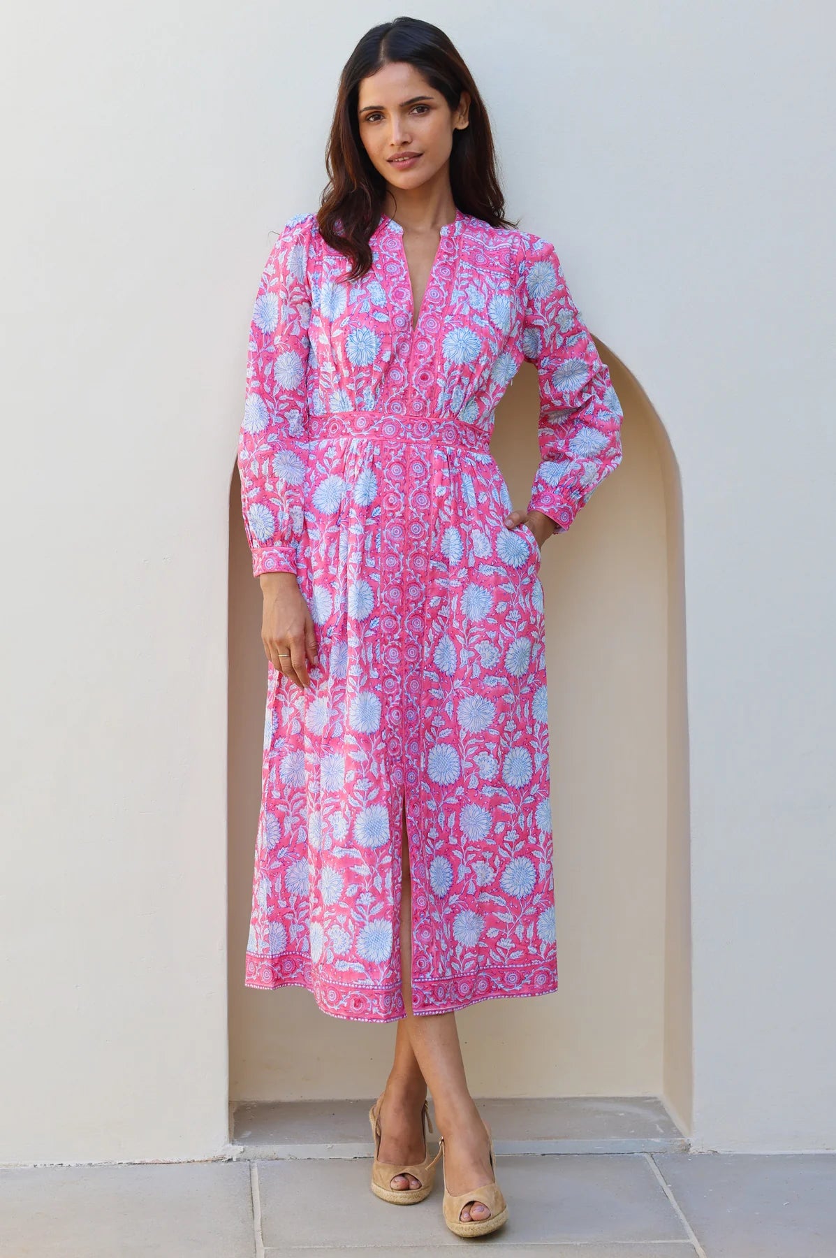 Aspiga Wren pink block print dress with smocked waist detail