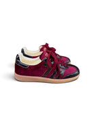 Back 70 Cloud V103 burgundy velvet snake-effect retro trainers side view