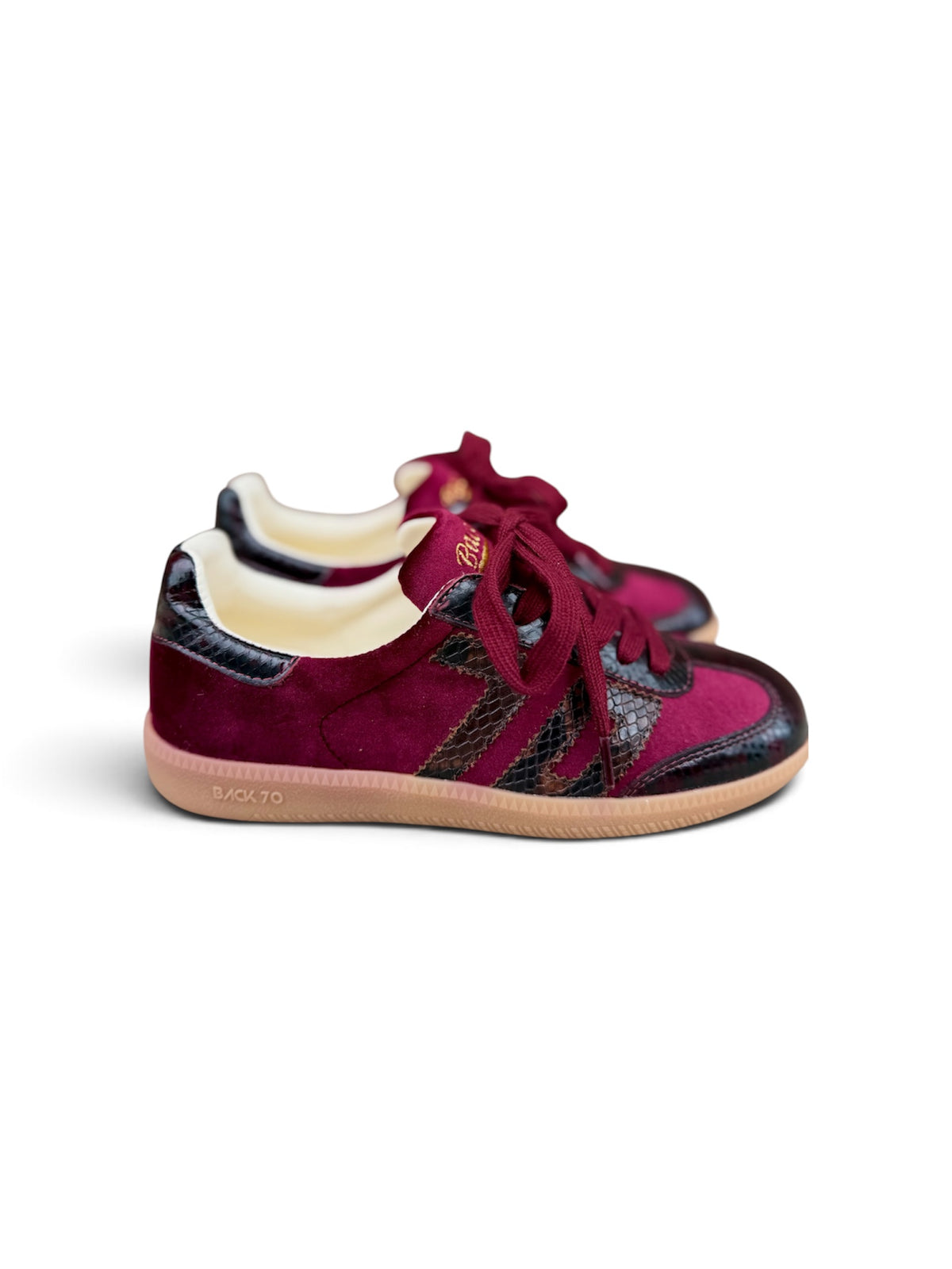 Back 70 Cloud V103 burgundy velvet snake-effect retro trainers side view