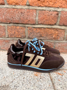 Back 70 Rocket brown suede retro trainers with blue sole detail
